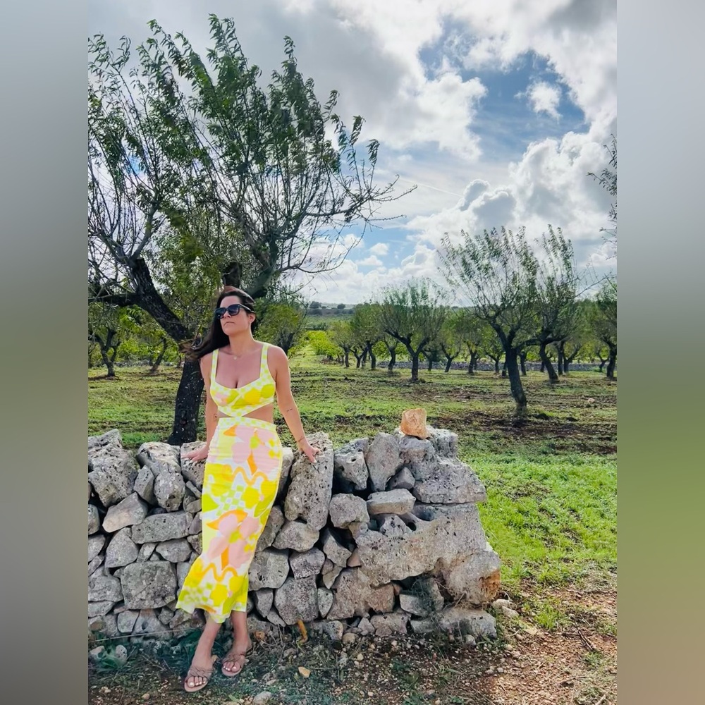 SABO Yellow & Pink Floral Cutout Midi Dress